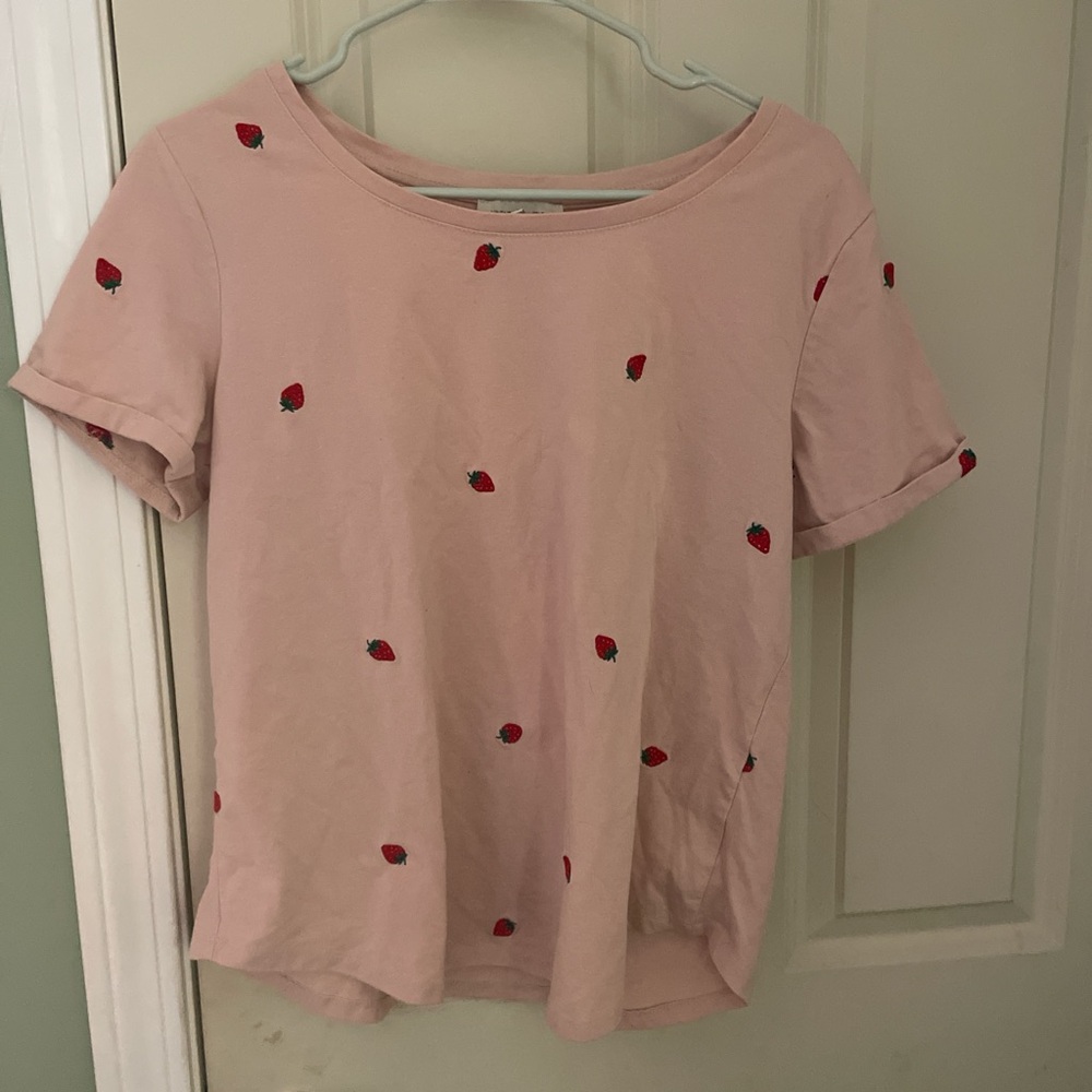 Pink Short Sleeve T-Shirt With Embroidered Stawberries